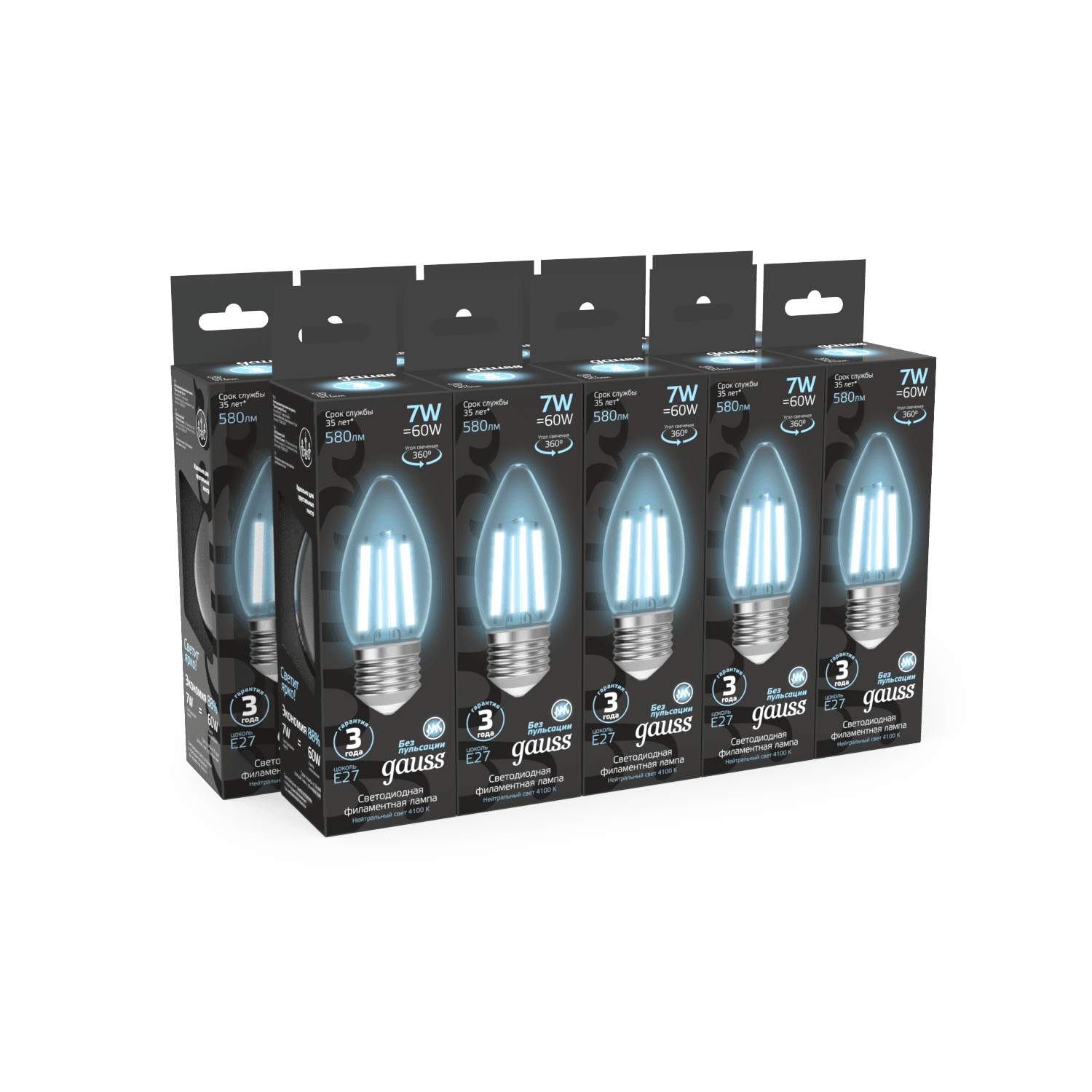 Gauss Лампа Filament Свеча 7W 580lm 4100К Е27 LED 1/10/50 103802207 — миниатюра 7