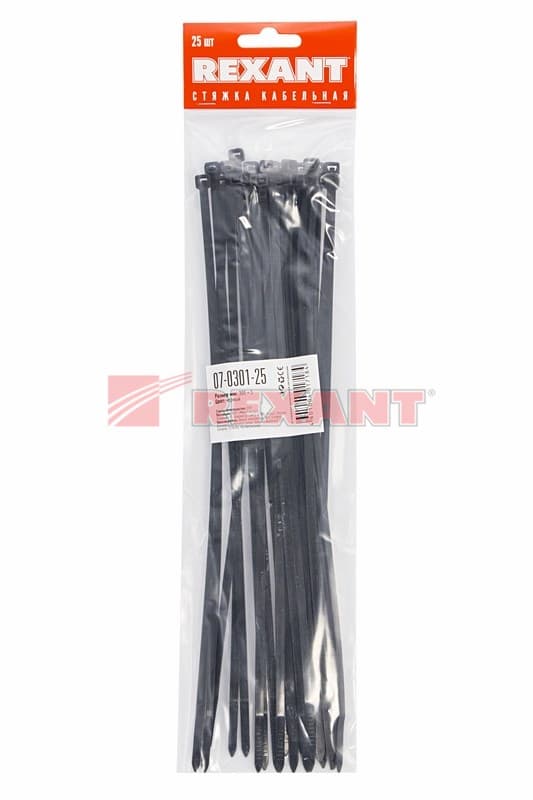 Хомут nylon 300 x 4,8 мм 25шт чёрный Rexant 07-0301-25 — миниатюра 2