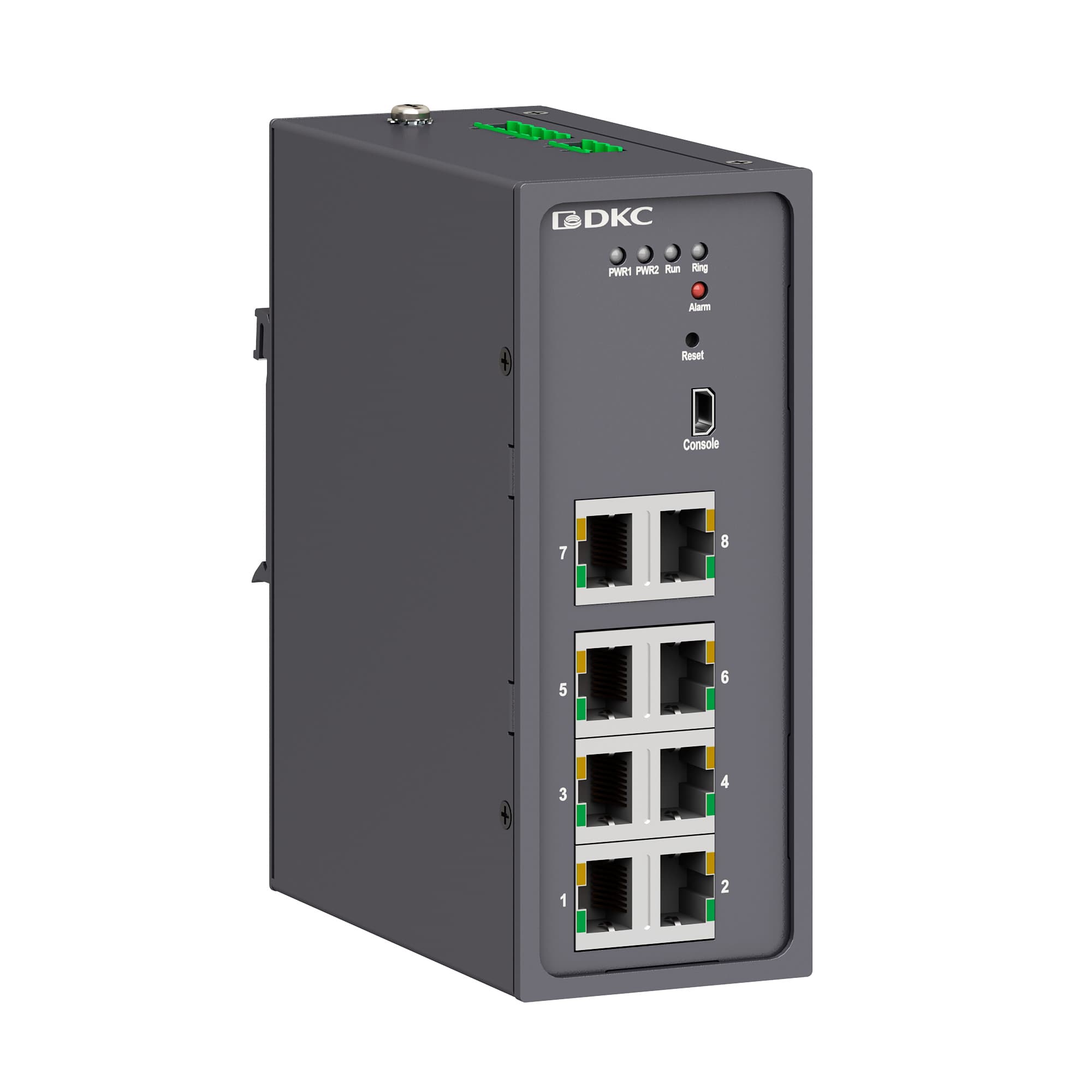 DKC Промышленный управляемый коммутатор, 8×10/100Base-T(X) портов RJ45, консольный порт Mini USB, 24-48В DC (18-72В DC), с резервированием