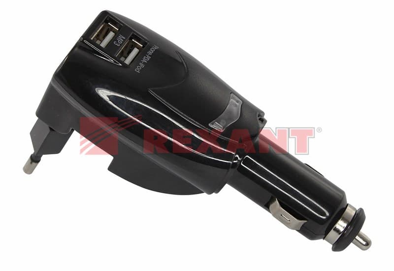 Универсальное ЗУ-трансформер авто+сетевое 2 USB черная (2х1 000mA)c индикатором, блистер Rexant 18-1185-1 — миниатюра 1