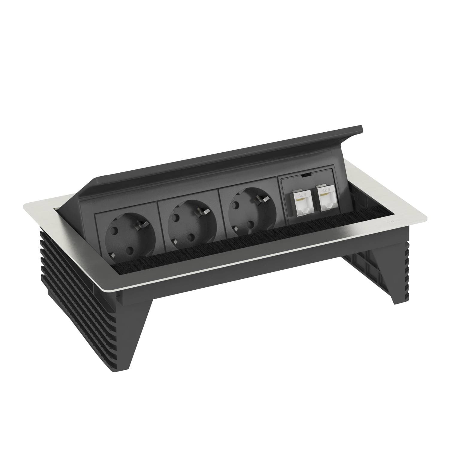 OBO Bettermann Настольный бокс с крышкой DBK (3 розетки 220В, 2хRJ45 категория 6 экранированные) нержавеющая сталь 6116806