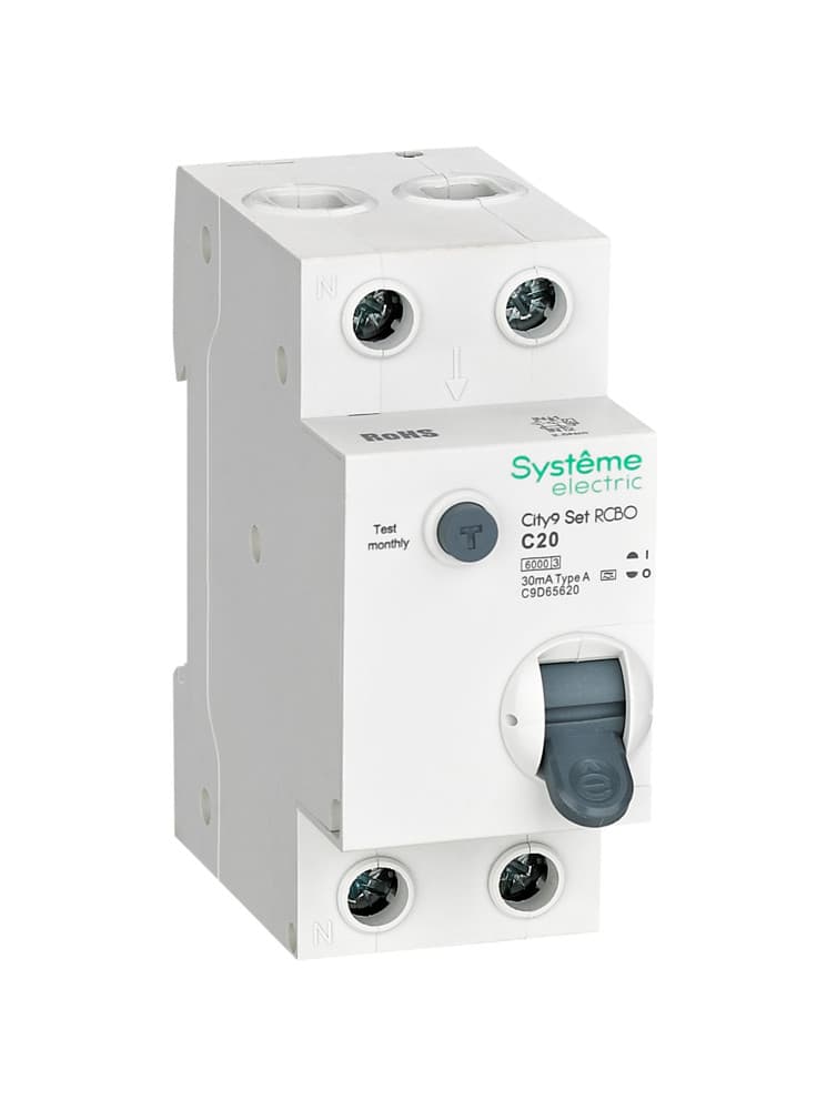 Systeme Electric City9 Set Автоматический выключатель дифференциального тока (АВДТ) 1P+N С 20А 6kA 30мА Тип-A 230В C9D65620