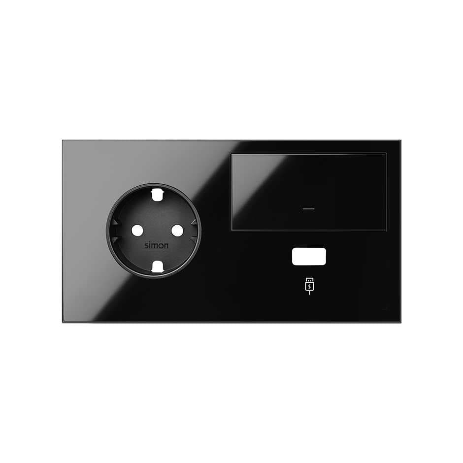 Simon 100 Черный глянец Кит 2 поста, фронт. Накладка на 1 розетку Schuko (слева) + 1 з/у USB SC + 1 клавиша выключателя 10020207-138
