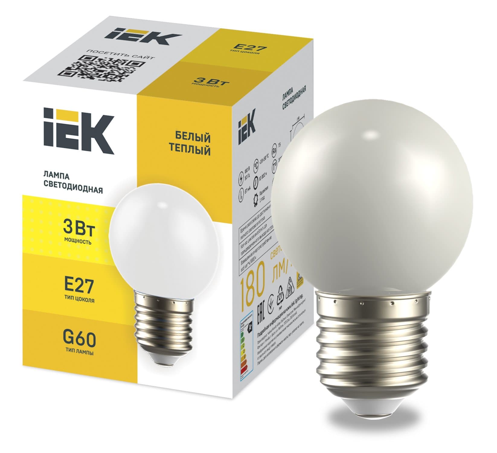 IEK Лампа LED декор. G60 шар 3Вт 230В теплый белый E27