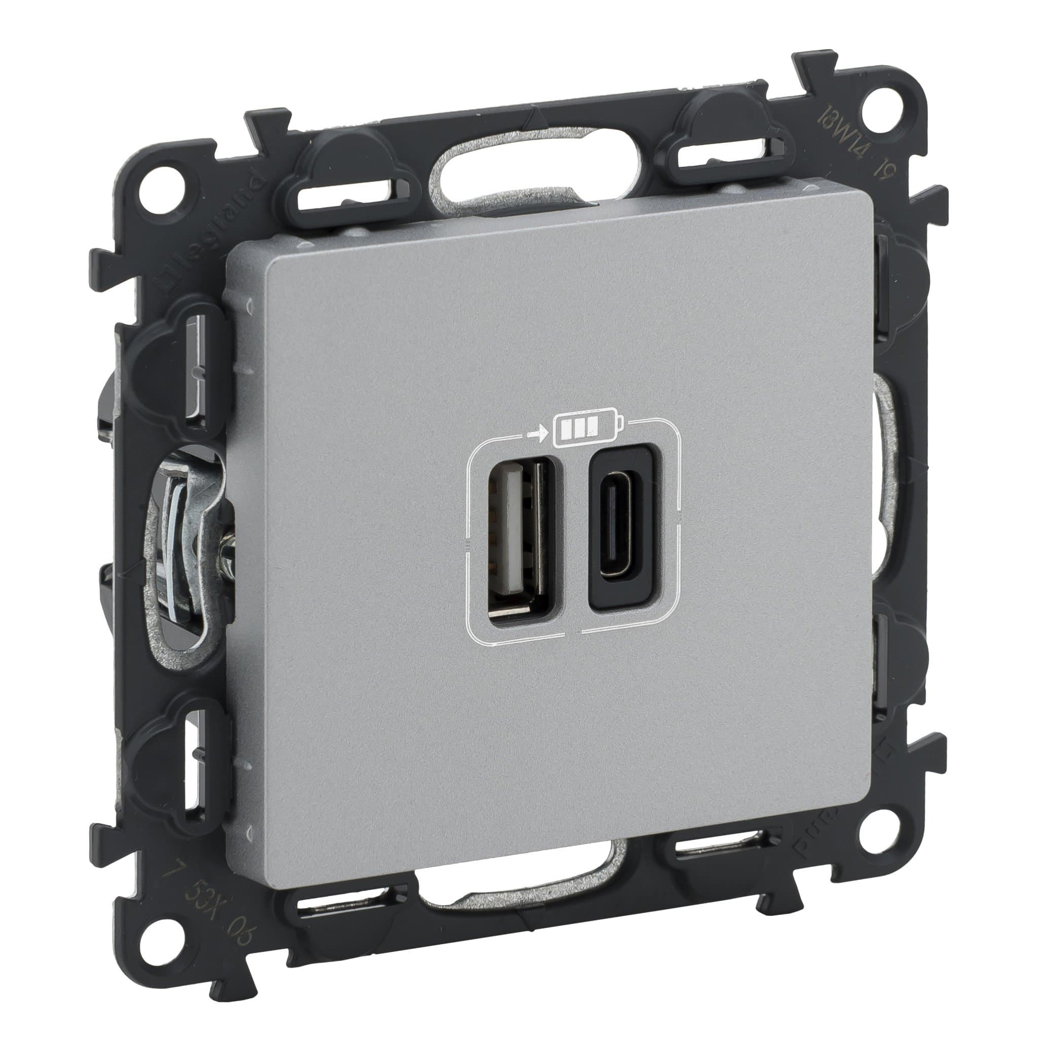 Legrand Valena LIFE, алюминий, зарядное устройство с USB разъемами A-C 753306