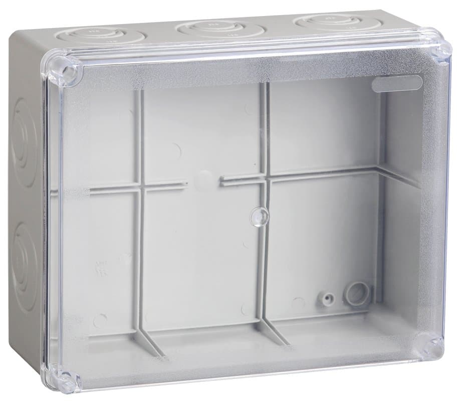 IEK Коробка КМ41278 распаячная для о/п 240х195х165 мм IP55 (RAL7035, прозр. кр., кабельные вводы 5 шт)