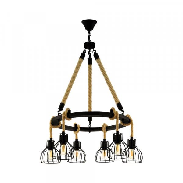 EGLO 43194 Подвес RAMPSIDE,
6х28W(E27), Ø760, H1175, сталь,
дерево, черный, коричневый — миниатюра 1