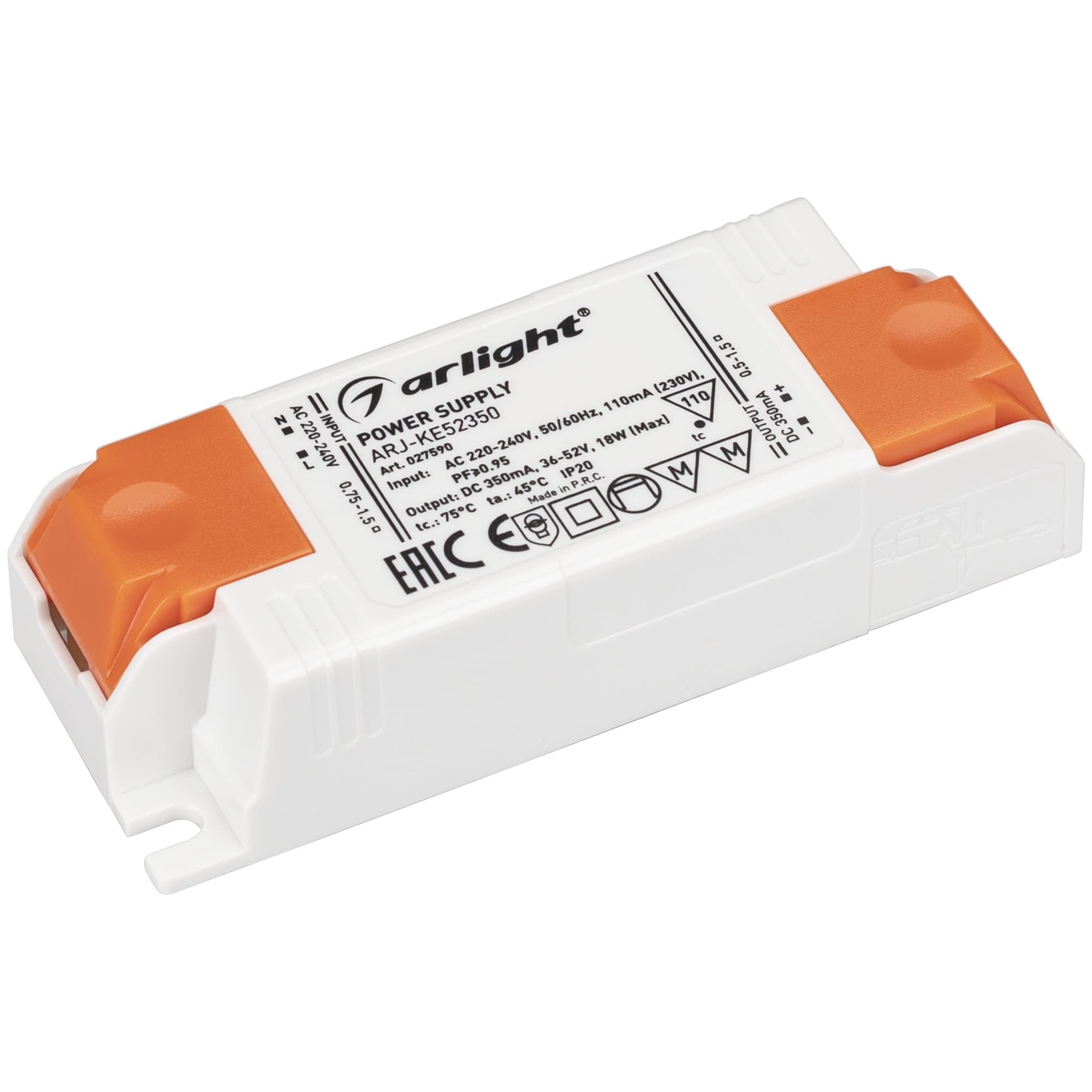 Arlight Блок питания ARJ-KE52350 (18W, 350mA, PFC) (IP20 Пластик, 5 лет) 027590