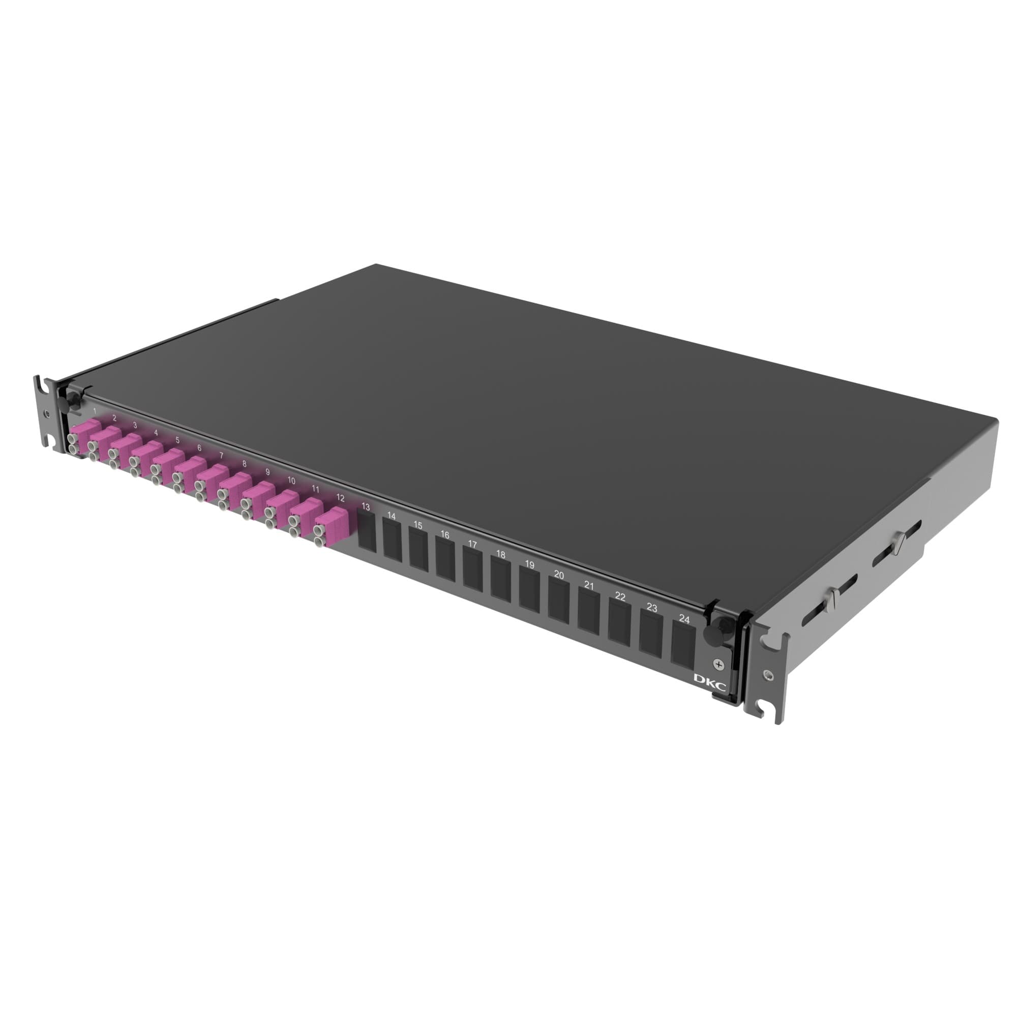 DKC Оптическая полка выдвижная 1U с адатерами 12 х duplex LC ОМ4 в комплекте с лицевой панелью, пигтейлами, сплайс-кассет(ой/ами) и гильзами КДЗС — миниатюра 1