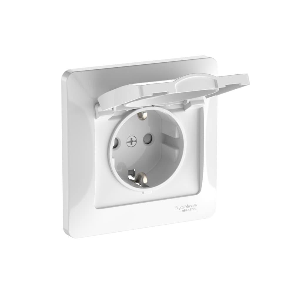 Systeme Electric Glossa Белый Розетка с зазем. со шторк. с крышк., 16А, IP20, в сборе, быстрозажим. клем. — миниатюра 1