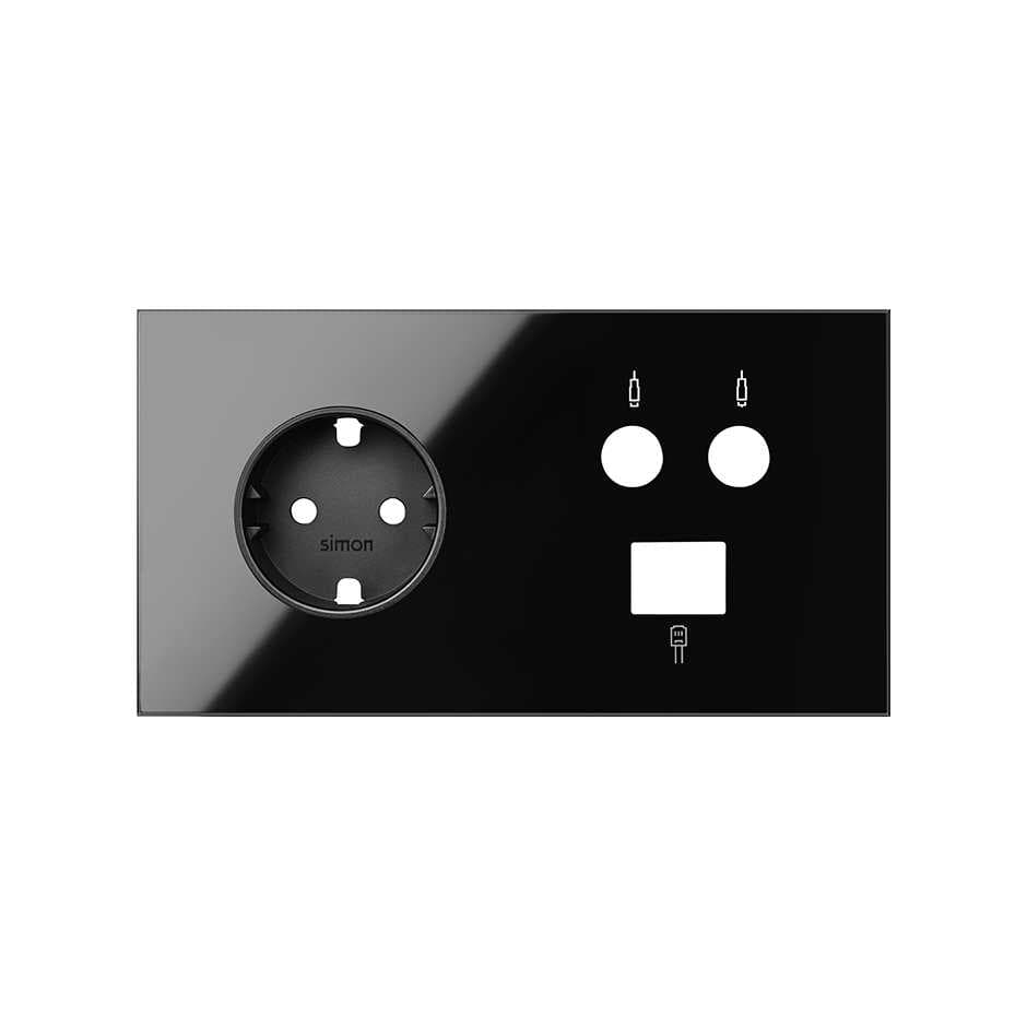 Simon 100 Черный глянец Кит 2 поста, фронт. Накладка на 1 розетку Schuko + 1 розетку TV + 1 розетку RJ45 10020208-138