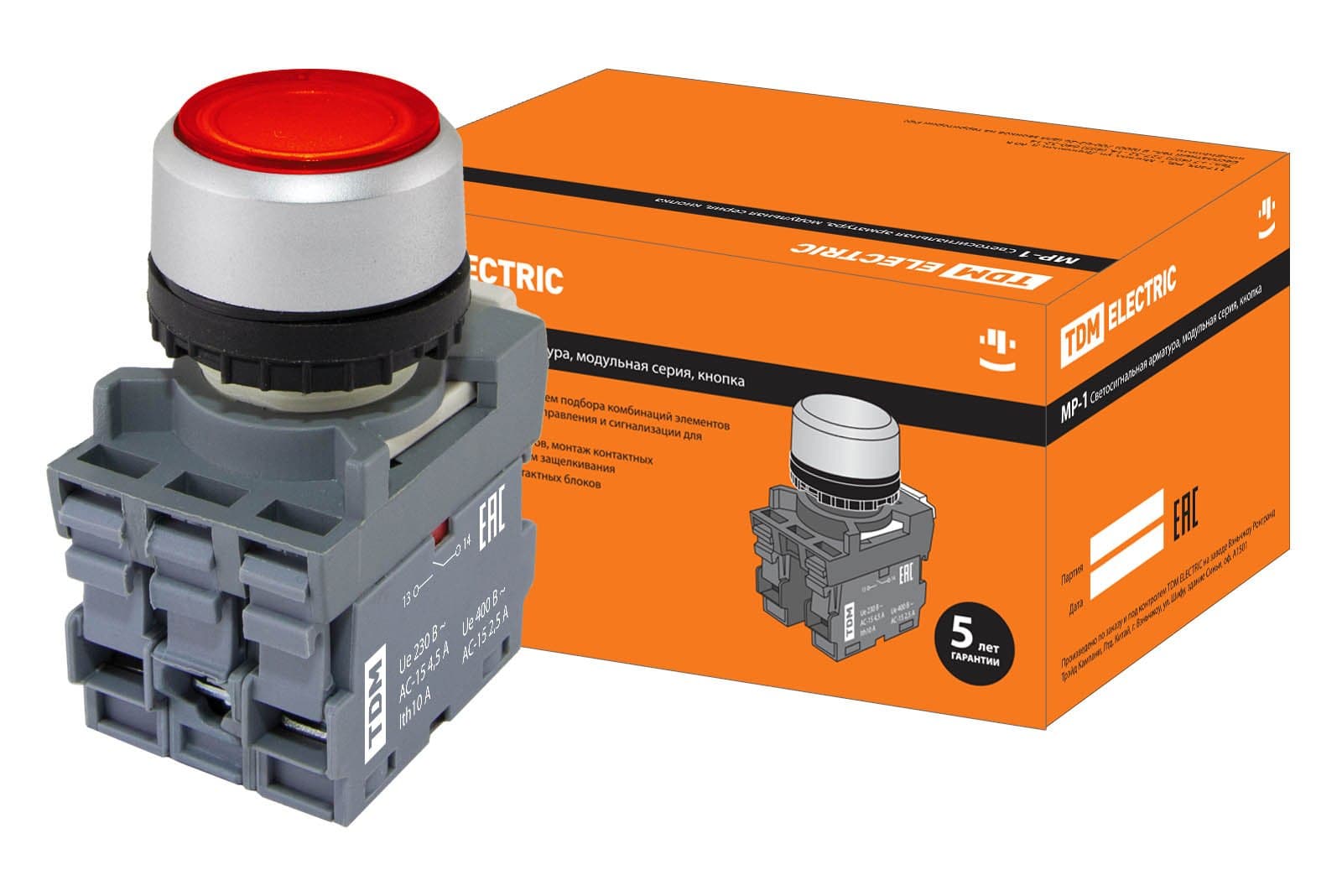 TDM Кнопка MP1-21R(LED) в сборе d22мм/220В 1з+1р красная SQ0747-0013