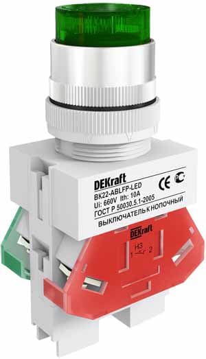 Dekraft Выключатель кноп. ABLFP D22 ЗЕЛЕНЫЙ LED 220В ВK-22 — миниатюра 2