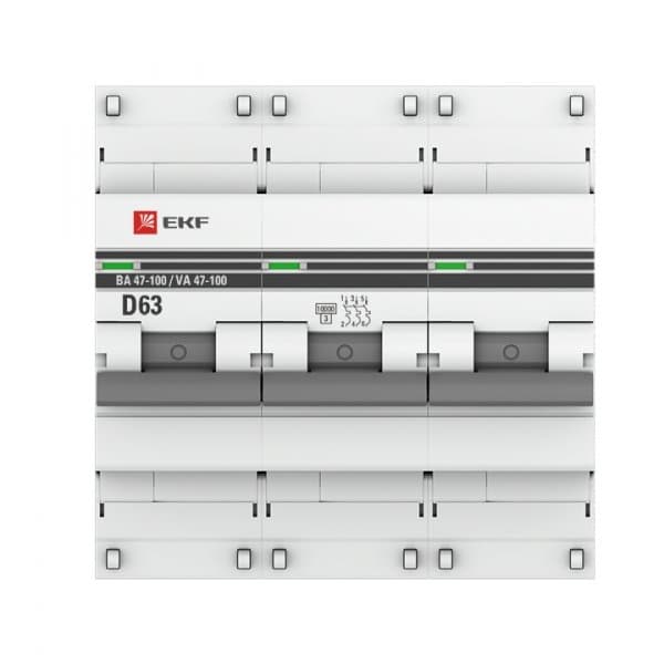 EKF PROxima ВА 47-100 Автоматический выключатель (D) 3P 63А 10kA mcb47100-3-63D-pro