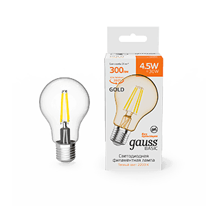 Gauss Лампа Basic Filament А60 4,5W 300lm 2200К Е27 golden LED 1/10/40 1021245 — миниатюра 1