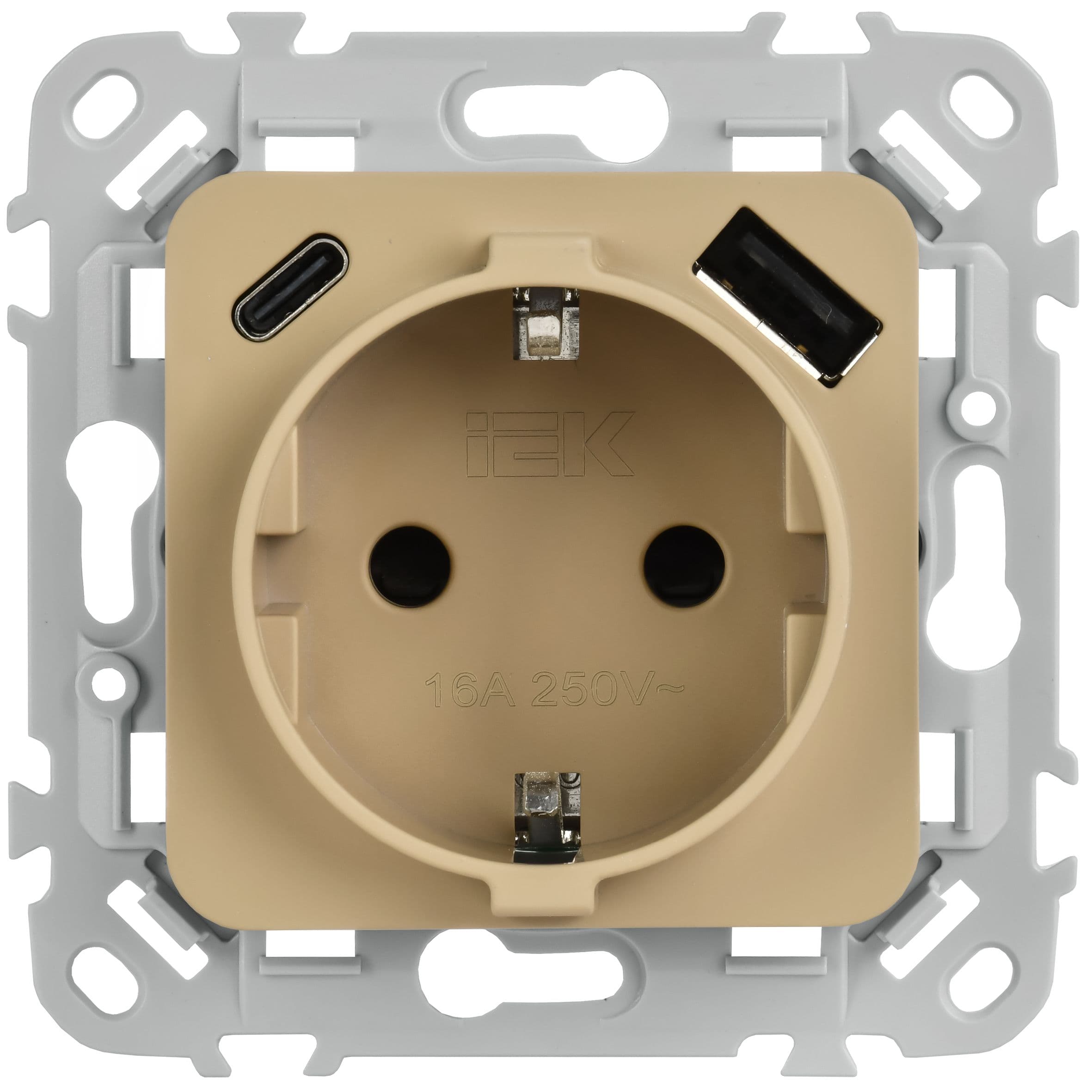 IEK FLITE Хаки Розетка 1-местная с заземлением с защитными шторками 16А с USB A+C 20Вт безвинтовое крепление — миниатюра 2