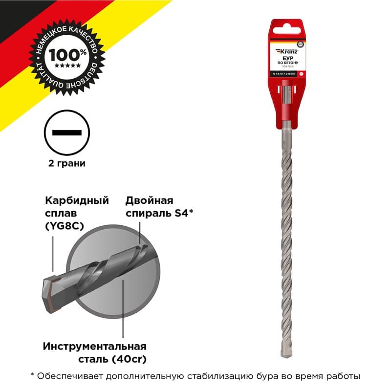 Бур по бетону 18x310x250 мм SDS PLUS Kranz KR-91-0040
