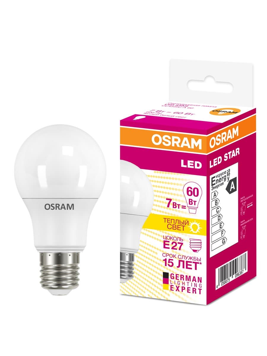 Osram Светодиодная лампа LED STAR Classic A 7W (замена 60Вт),теплый белый свет, матовая колба, Е27 4058075096387 — миниатюра 1