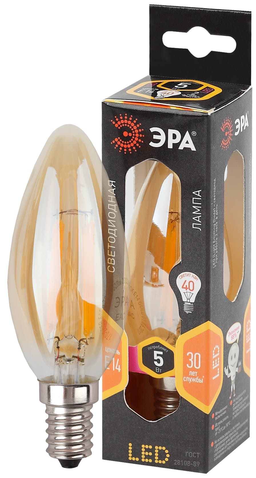 ЭРА F-LED B35-5W-827-E14 gold (филамент, свеча золот., 5Вт, тепл, E14)
