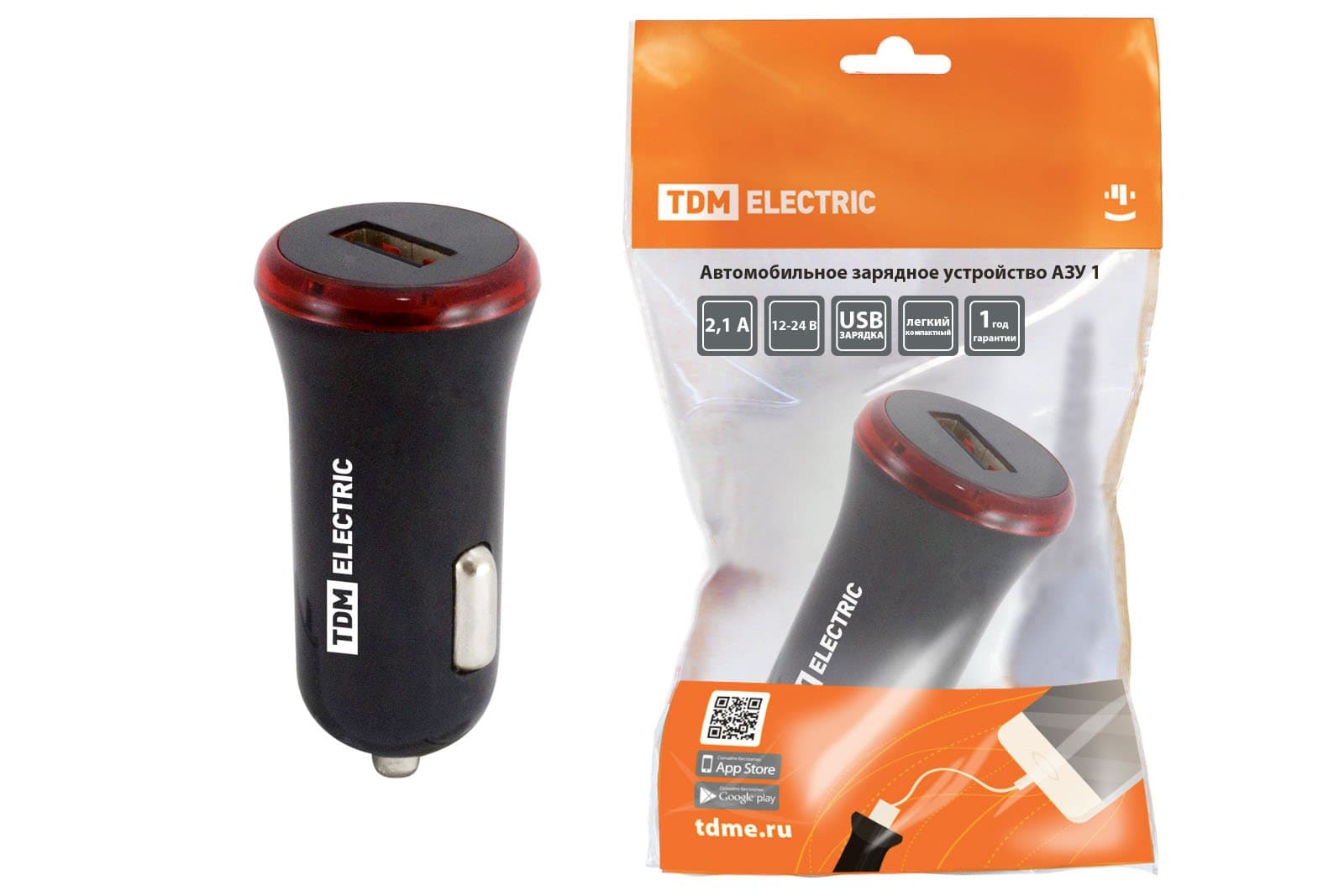 TDM Автомобильное зарядное устройство, АЗУ 1, 2,1 А, 1 USB, черный, SQ1810-0201
