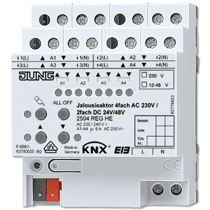 JUNG KNX Актор жалюзи 4-х канальный 220V AC 12-24V DC 6А возм ручн упр DIN-рейка 2504REGHE
