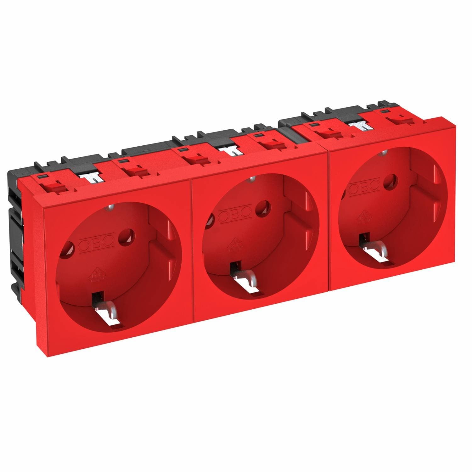 OBO Bettermann Розетка силовая 0° тройная 3х2К+З, 3 модуля Modul45, 45х135 мм, со шторками, 16А 250В красная 6120048
