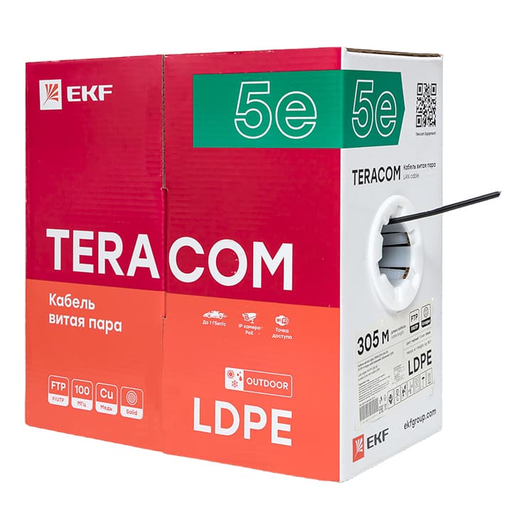 EKF Кабель витая пара TERACOM PRO Cat.5E F/UTP 4 пары solid внешний 24AWG оболочка LDPE цвет черный (упак. 305м) — миниатюра 3