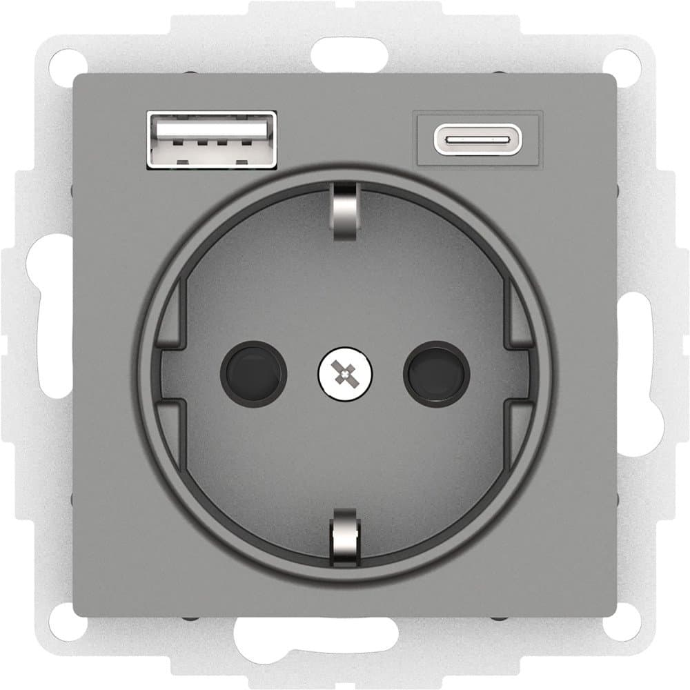 Systeme Electric AtlasDesign Сталь Розетка 16А с USB A+C (5В/2,4А/3 А, 2х5В/1,5А), мех
