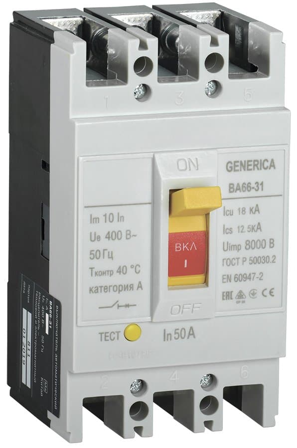 IEK GENERICA Выключатель автоматический ВА66-31 3Р 50А 18кА GENERICA SAV10-3-0050-G
