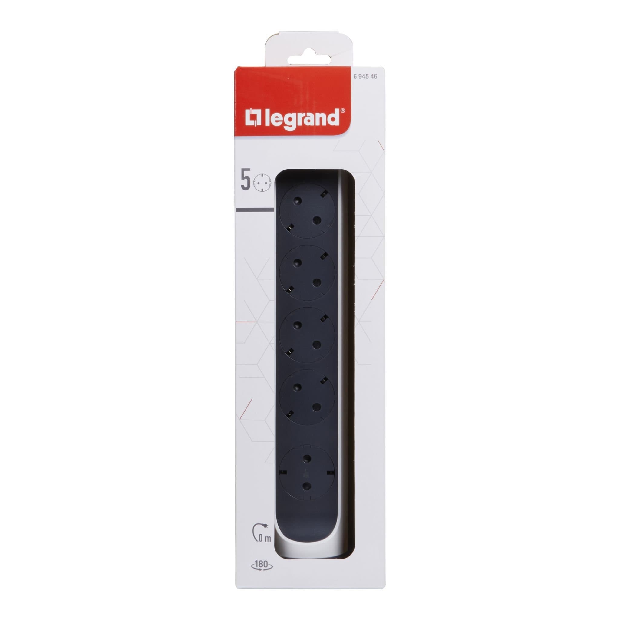 Legrand Revolution Комфорт Бело-черный Удлинитель 5x2К+З с выкл., без кабеля, плоские розетки, фиксируемый поворотный блок 694546 — миниатюра 2