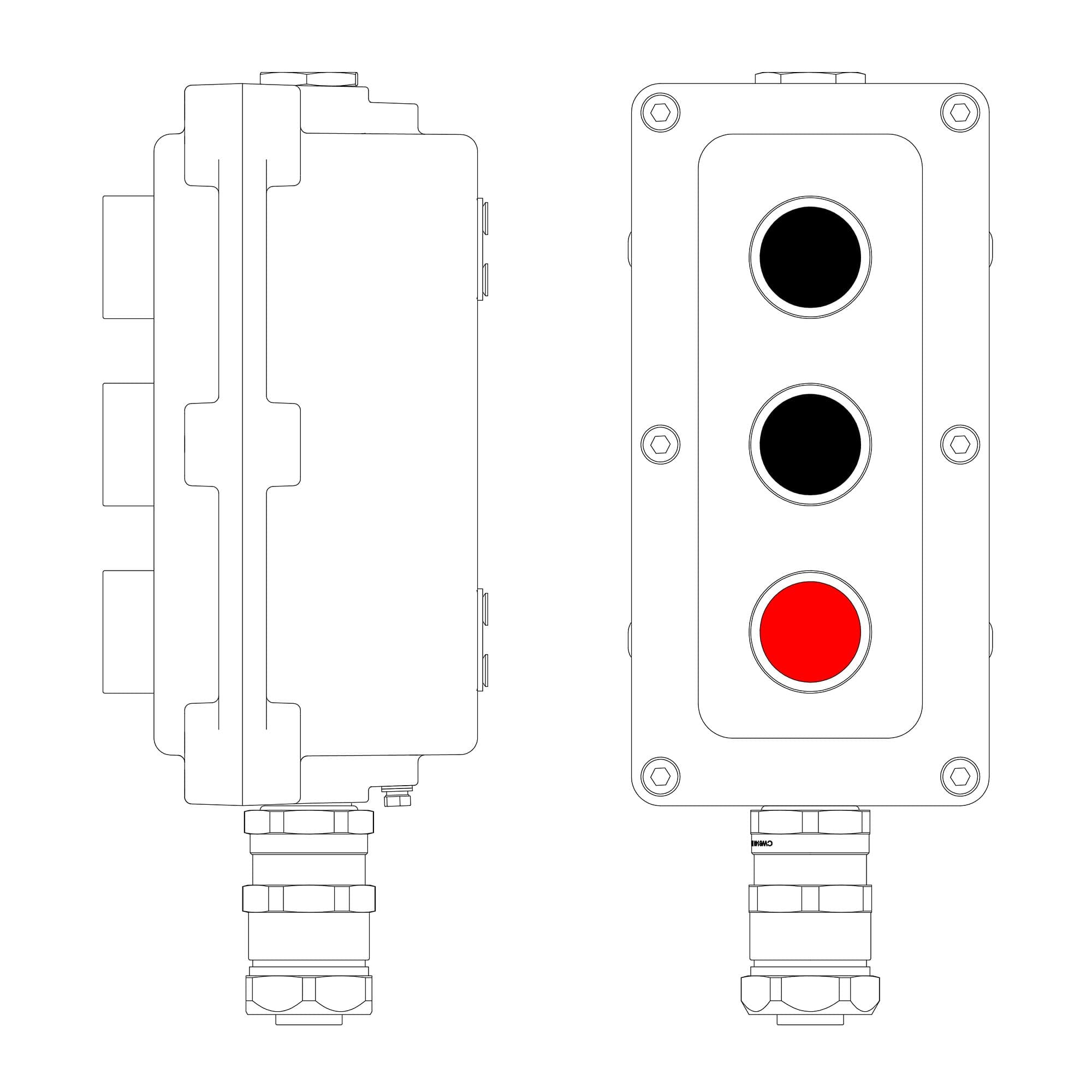 DKC Взрывонепроницаемый пост управления из алюминия LCSD-03-B-MC-P1B(11)x1-P1B(11)x1-P1R(11)x1-PCMB-KAEPM3MHK-26 / 1Ex d IIB T5 Gb / Ex tb IIIC T95°С