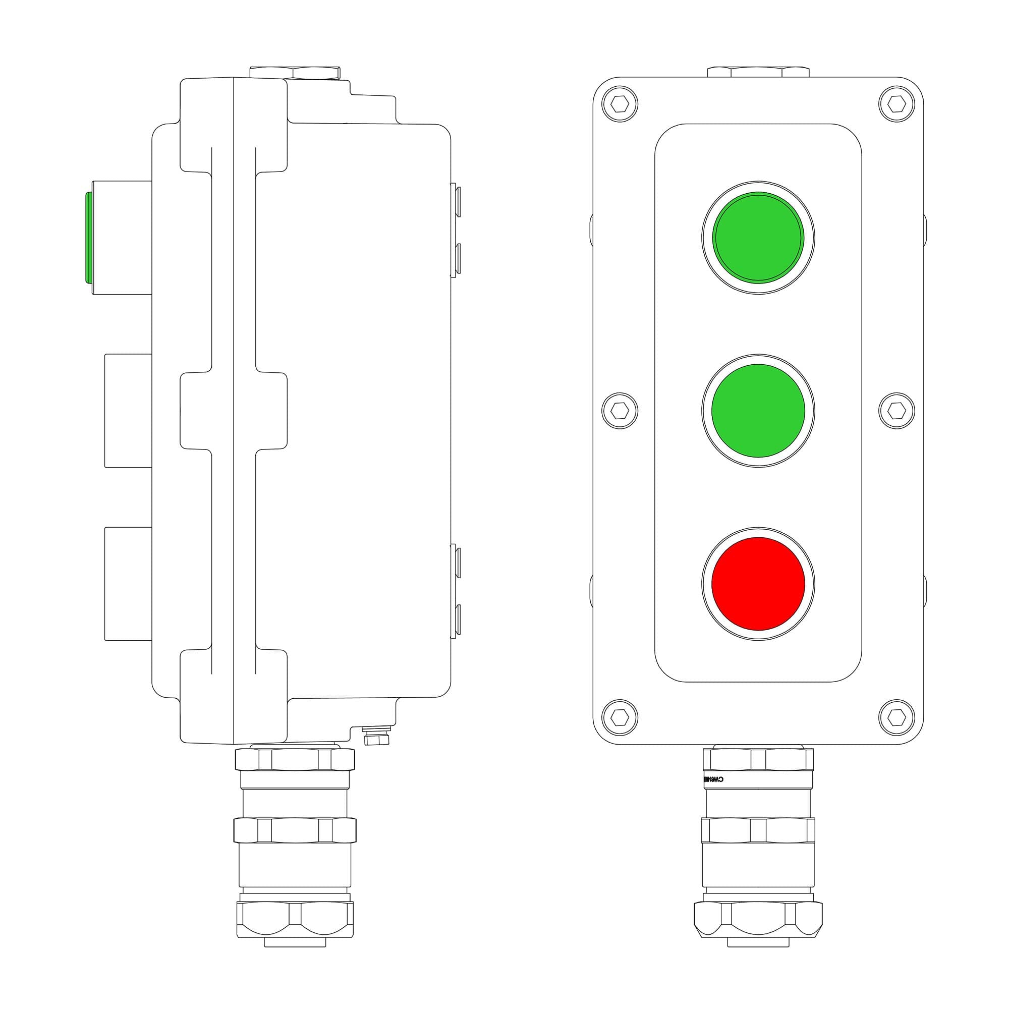 DKC Взрывонепроницаемый пост управления из алюминия LCSD-03-B-MC-L1G(220)x1-P1G(11)x1-P1R(11)x1-PCMB-KAEPM3MHK-20 / 1Ex d IIB T5 Gb / Ex tb IIIC T95°С