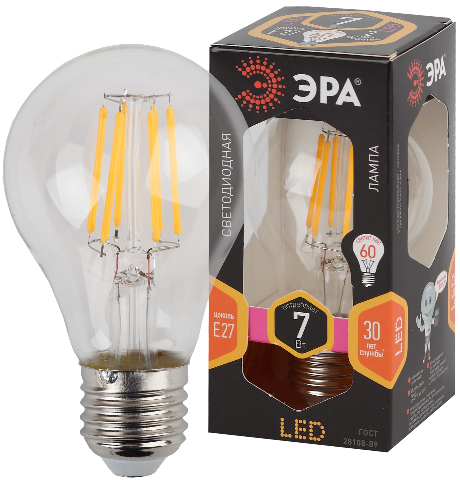 ЭРА F-LED A60-7W-827-E27 Лампа (филамент, груша, 7Вт, тепл, Е27)