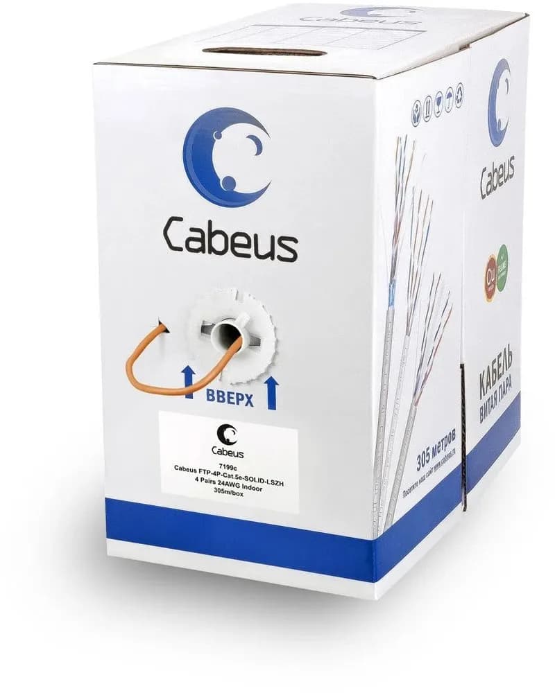 Cabeus FTP-4P-Cat.5e-SOLID-LSZH-305 Кабель витая пара экранированная FTP (F/UTP), категория 5e, 4 пары (24 AWG), одножильный, экран - фольга, LSZH, нг(А)-HF, (305 м)