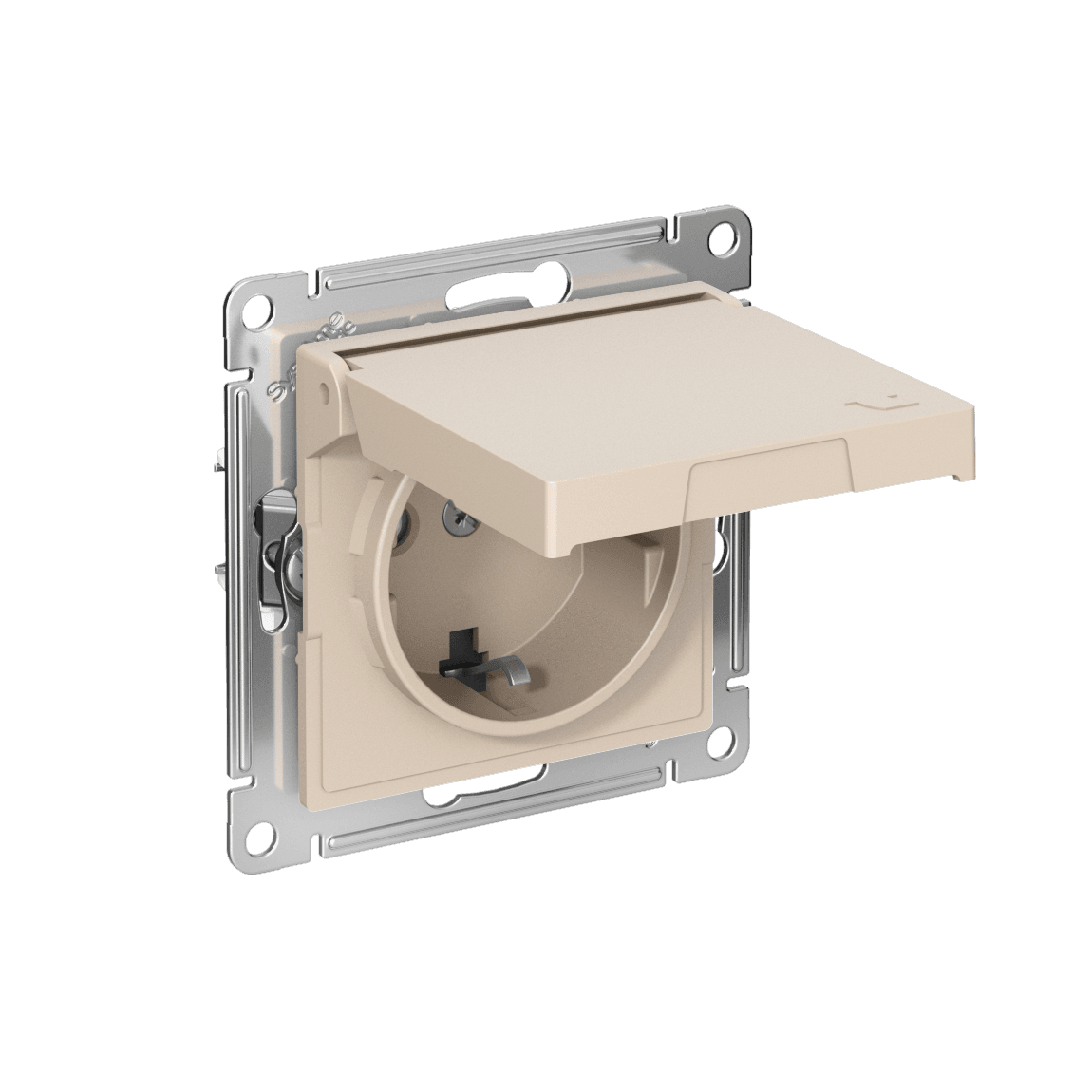 Systeme Electric AtlasDesign Песочный Розетка с заземл. со шторк. с крышкой, 16А,IP20,мех., быстрозажим. клем. — миниатюра 1