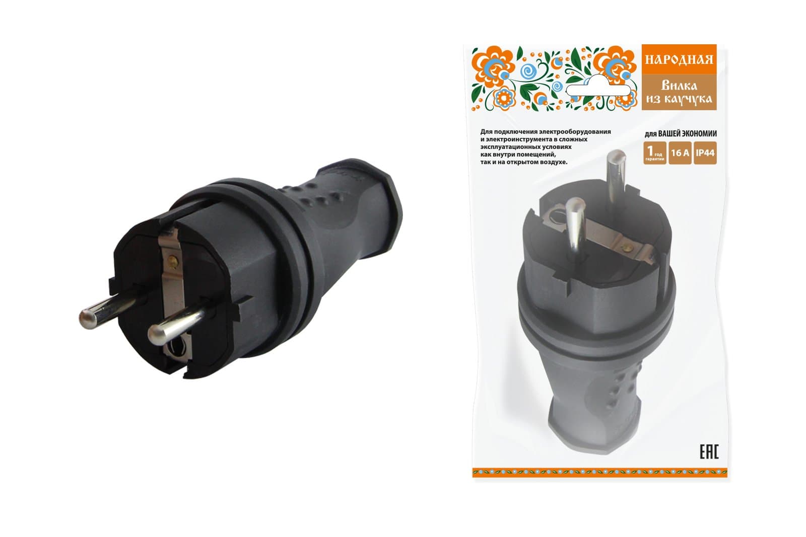 TDM Вилка прямая каучук 2Р+РЕ 16А 250В IP44 серии "Народная" SQ0612-0031