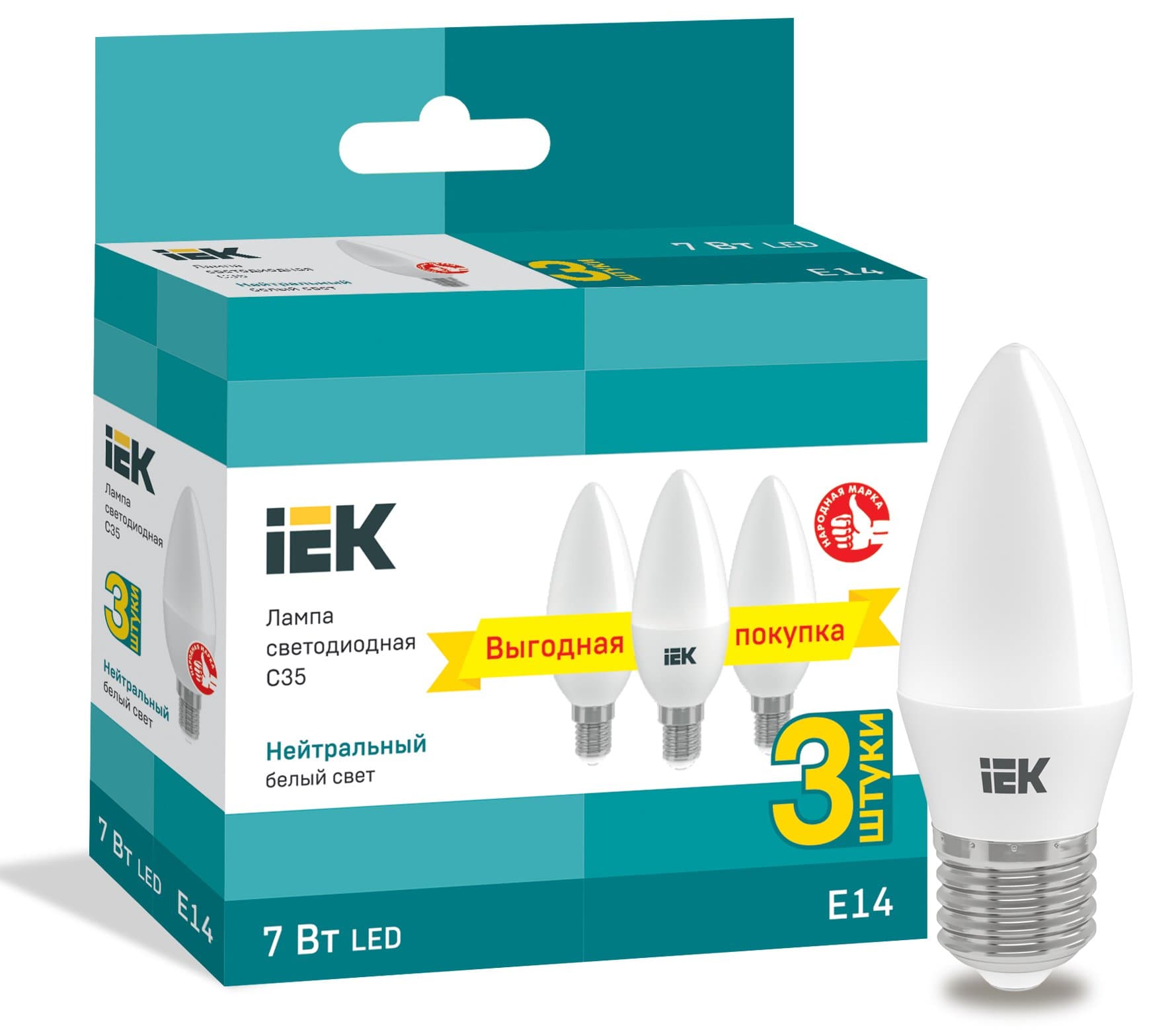 IEK Лампа LED C35 свеча 7Вт 230В 4000К E14 (3шт/упак)