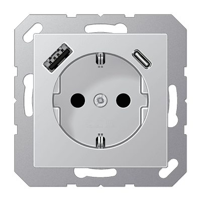 JUNG Алюминий Розетка SCHUKO® с USB-зарядным устройством, тип A + тип С; термопласт A1520-15CAAL