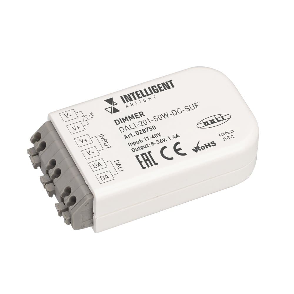 Arlight INTELLIGENT Диммер DALI-201-50W-DC-SUF (11-50V DC, 1400mА) (INTELLIGENT IP20 Пластик, 3 года) 028750