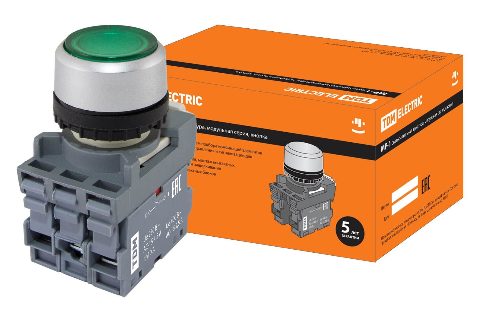 TDM Кнопка MP1-21G(LED) в сборе d22мм/24В 1з+1р зеленая SQ0747-0018