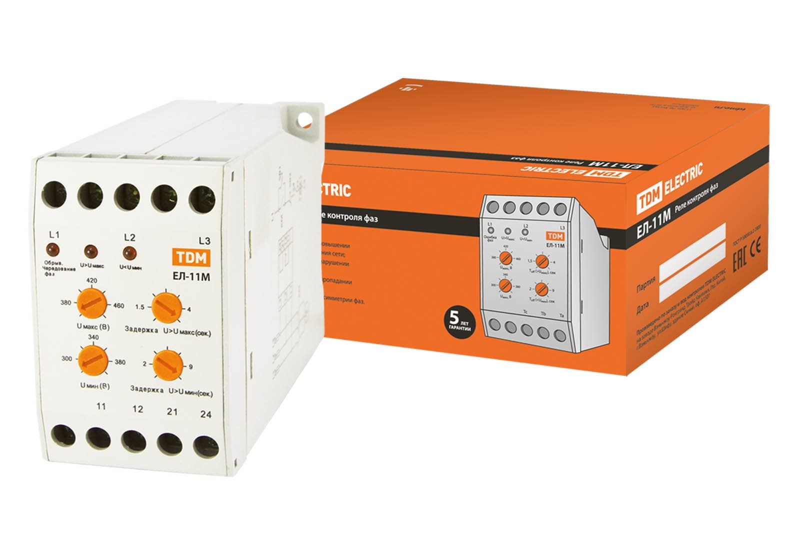 TDM ELECTRIC Реле контроля фаз ЕЛ-11М-3х380В (1нр+1нз контакты) SQ1504-0014 — миниатюра 1