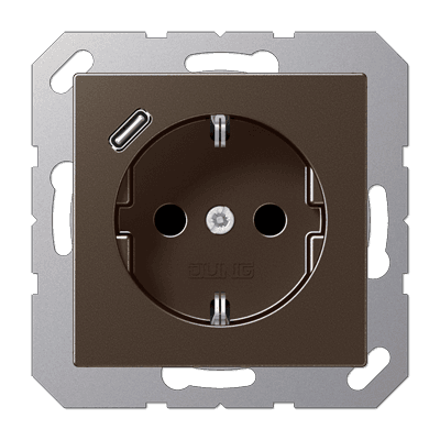 JUNG Розетка SCHUKO® с USB-зарядным устройством, тип С термопласт мокка A1520-18CMO