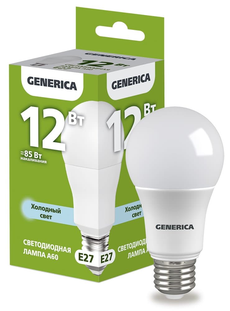 IEK GENERICA Лампа LED A60 груша 12Вт 230В 6500К E27 LL-A60-12-230-65-E27-G