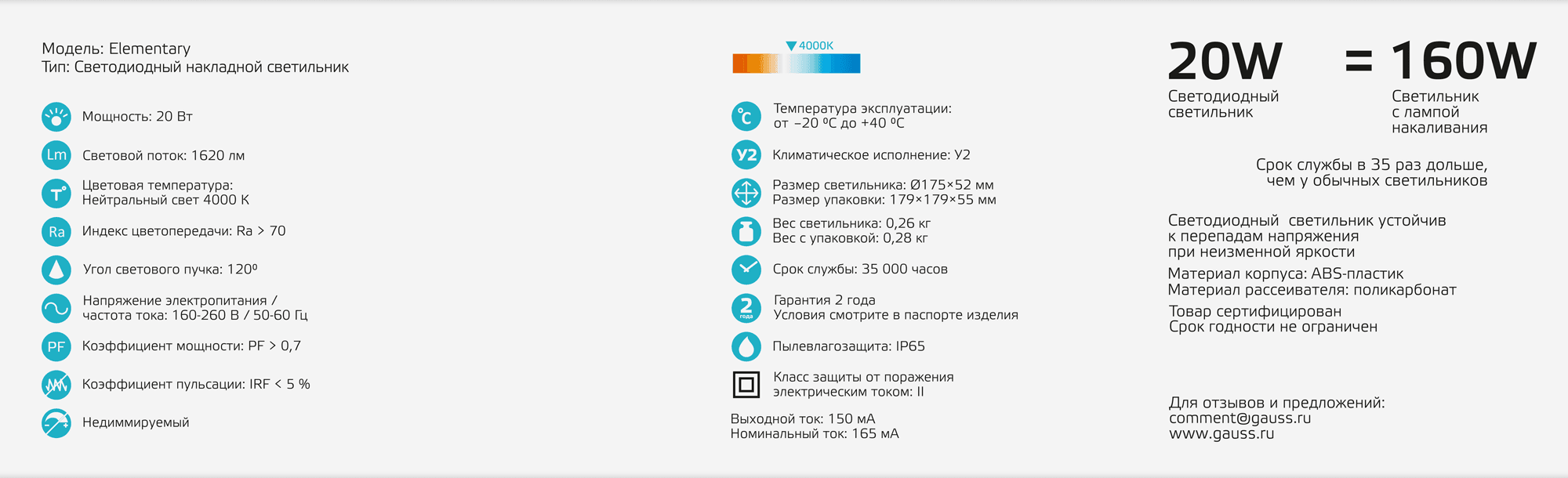 Gauss Светильник ЖКХ Elementary круг 20W 1620lm 4000K 160-260V IP65 D175*52мм белый LED 126411220 — миниатюра 2