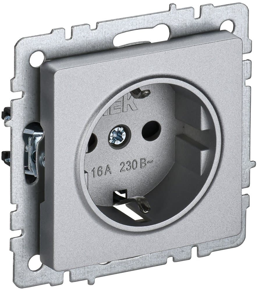 IEK BRITE BASE Алюминий Розетка 1-м с/з с защ шторк 16А РС14-1-0-БрА