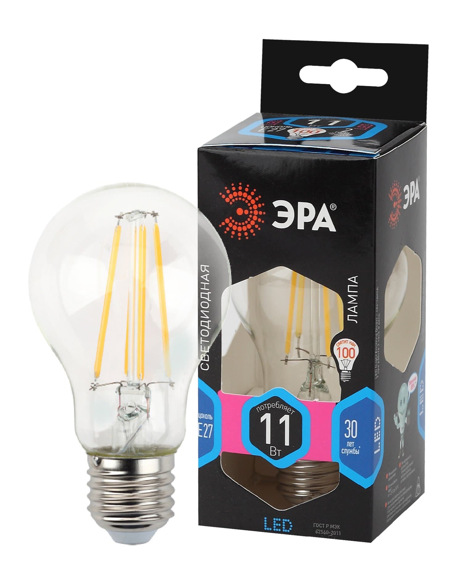 ЭРА F-LED A60-11W-840-E27 (филамент, груша, 11Вт, нейтр, Е27)