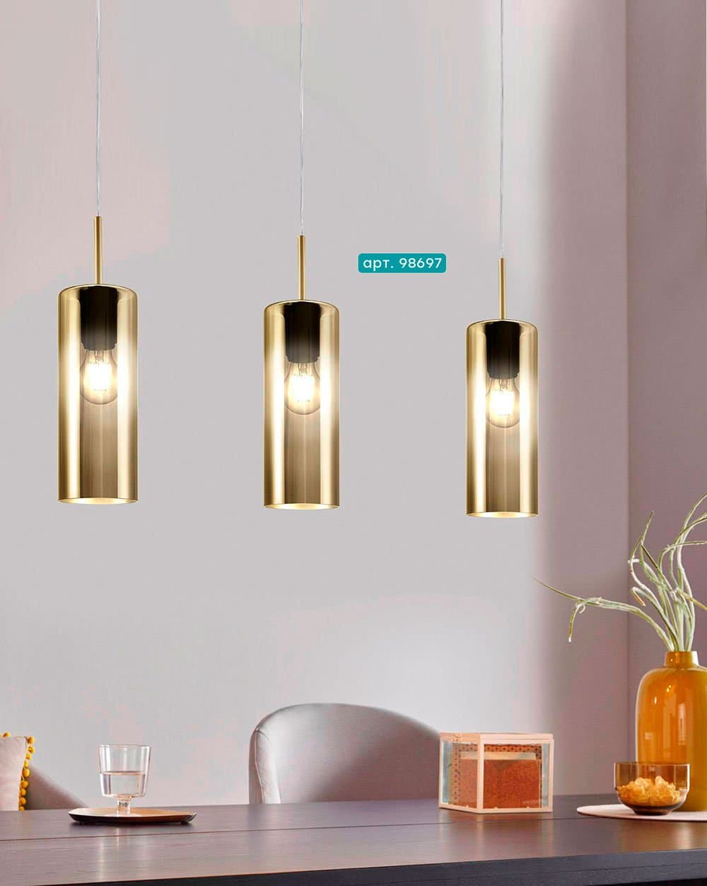 Eglo 98697 Подвес SELVINO, 3X15W(E27), сталь, никель матовое/стекло с напылением, золотистый — миниатюра 2