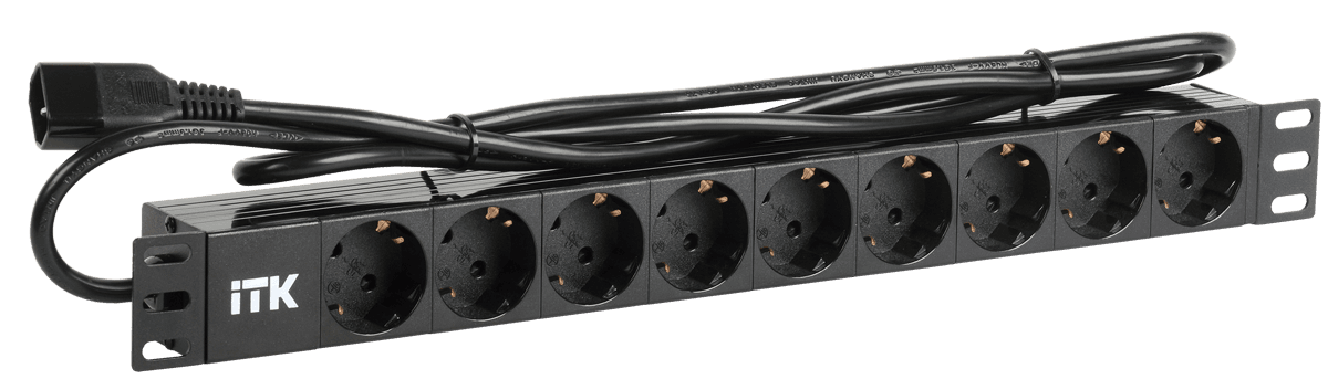 IEK ITK PDU Блок: 9 розеток, 1U, шнур 2м вилка ПВХ чер., немецкий стандарт PH22-9D1-P — миниатюра 2