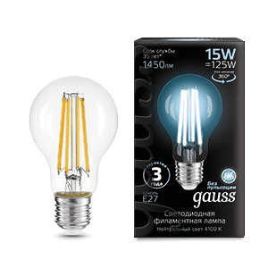 Gauss Лампа Filament А60 15W 1450lm 4100К Е27 LED 102902215