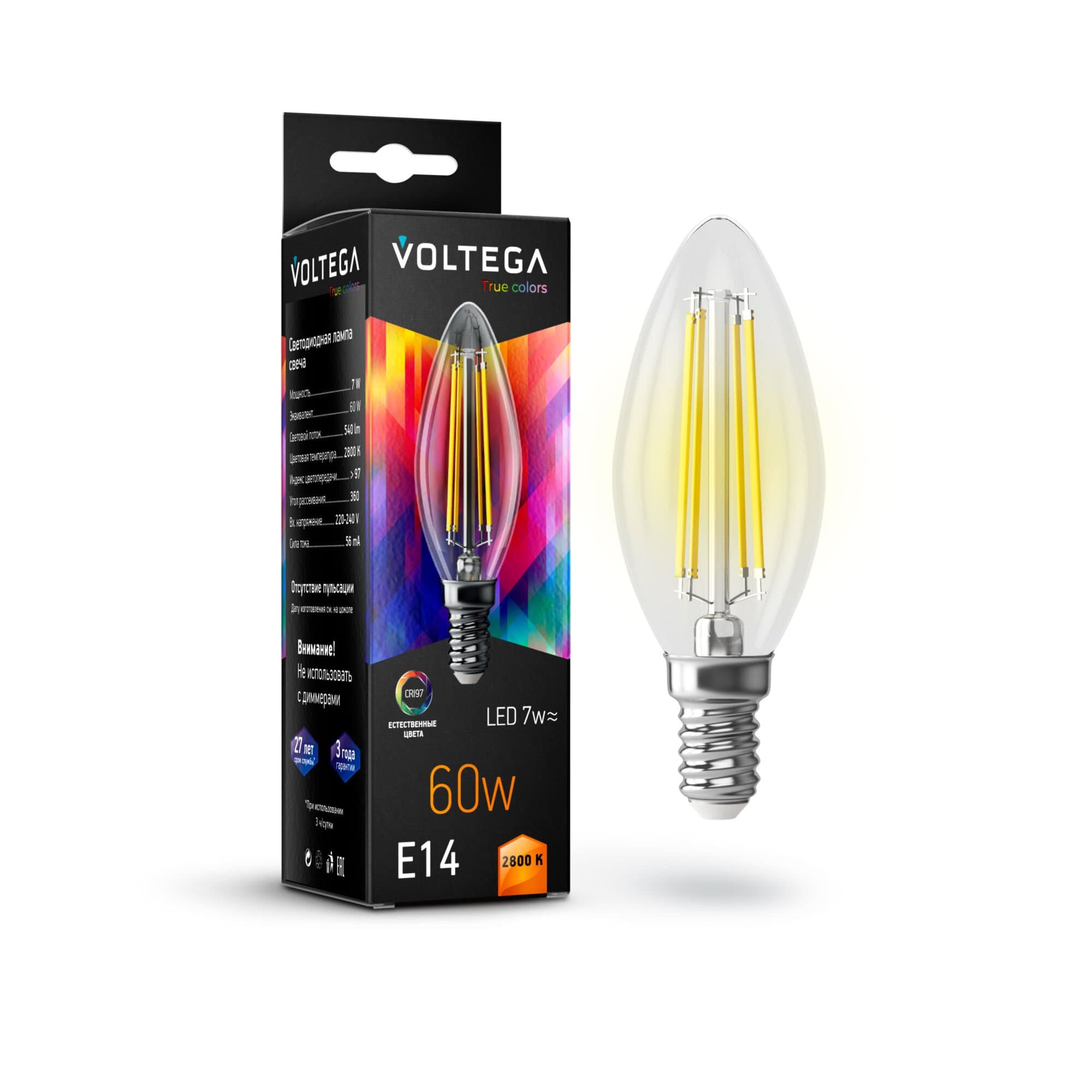 Voltega Лампа светодиодная E14 7W 2800K прозрачная VG10-C35E14warm7W-FHR 7152